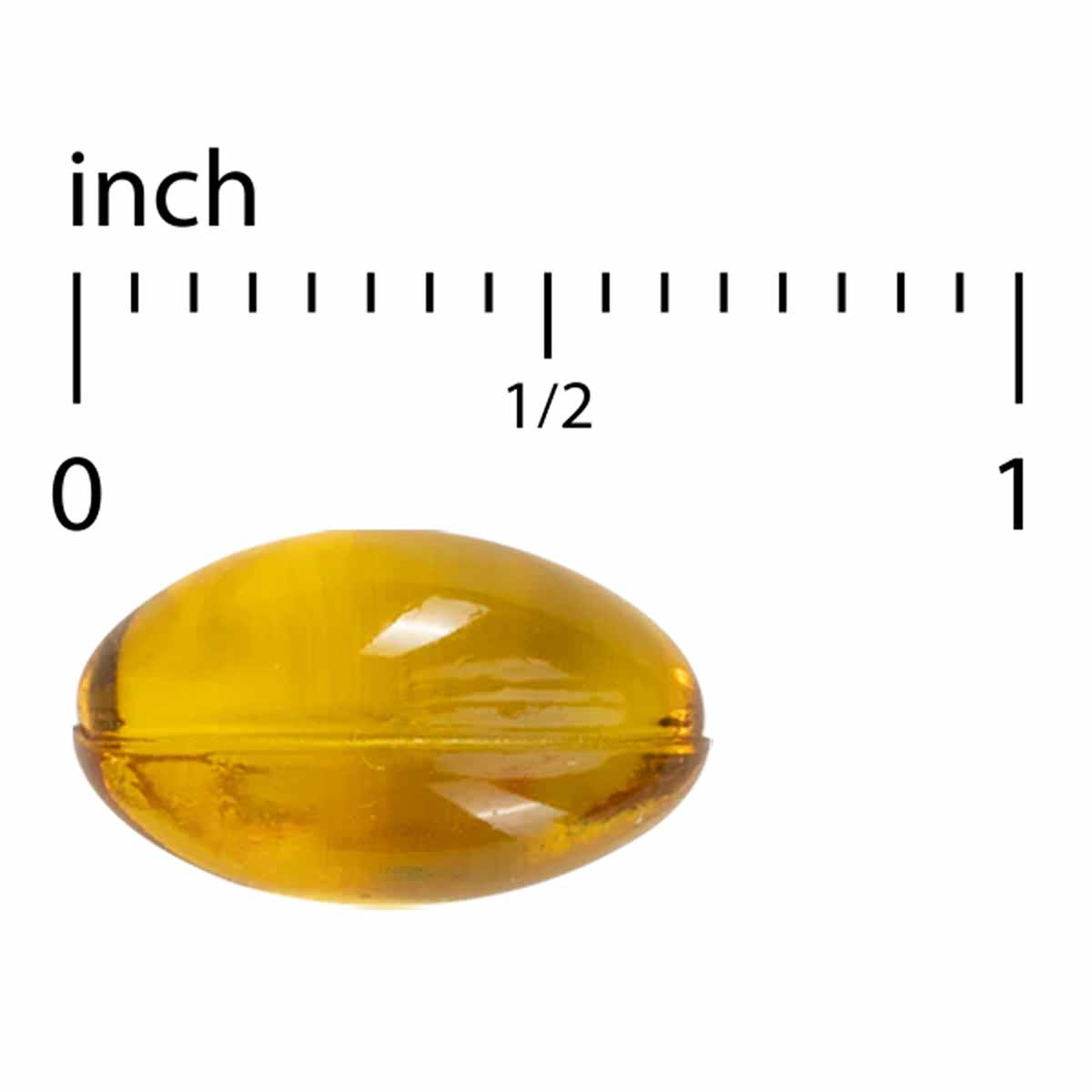 Yellow oval softgel capsule shown next to ruler for size reference.