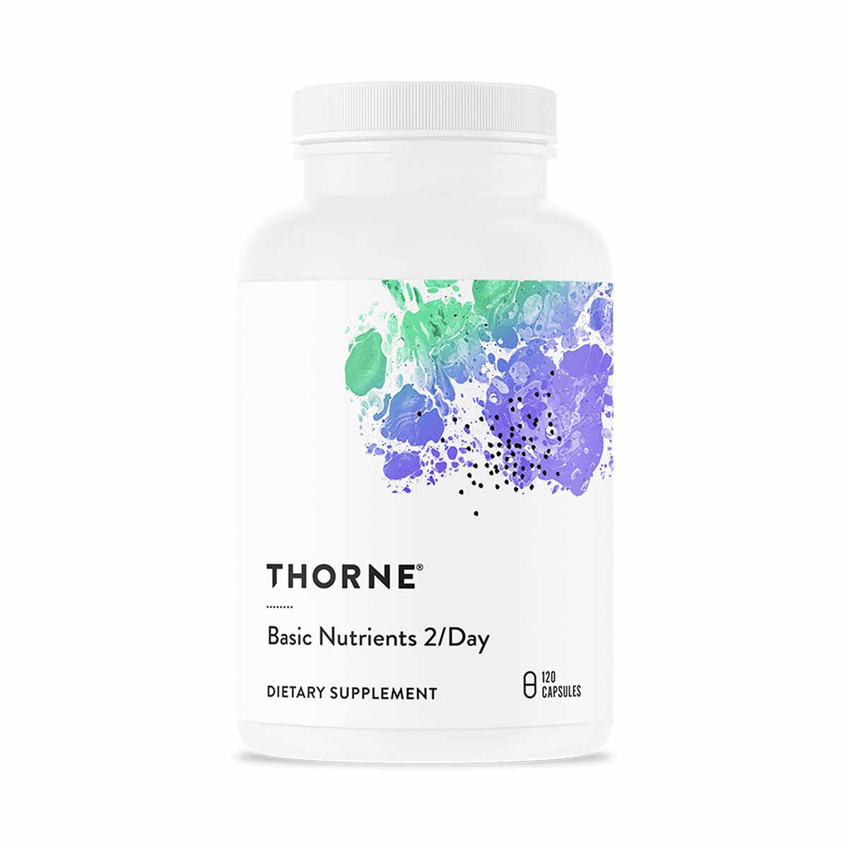 White bottle with white cap labeled "THORNE Basic Nutrients 2/Day" dietary supplement, 120 capsules.
