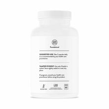 White supplement bottle with white cap labeled "Foundational" by Thorne Research containing usage and storage instructions.