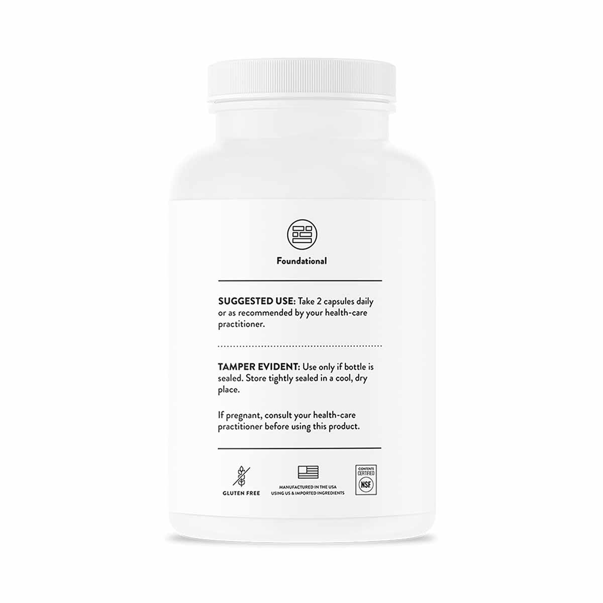 White supplement bottle with white cap labeled "Foundational" by Thorne Research containing usage and storage instructions.