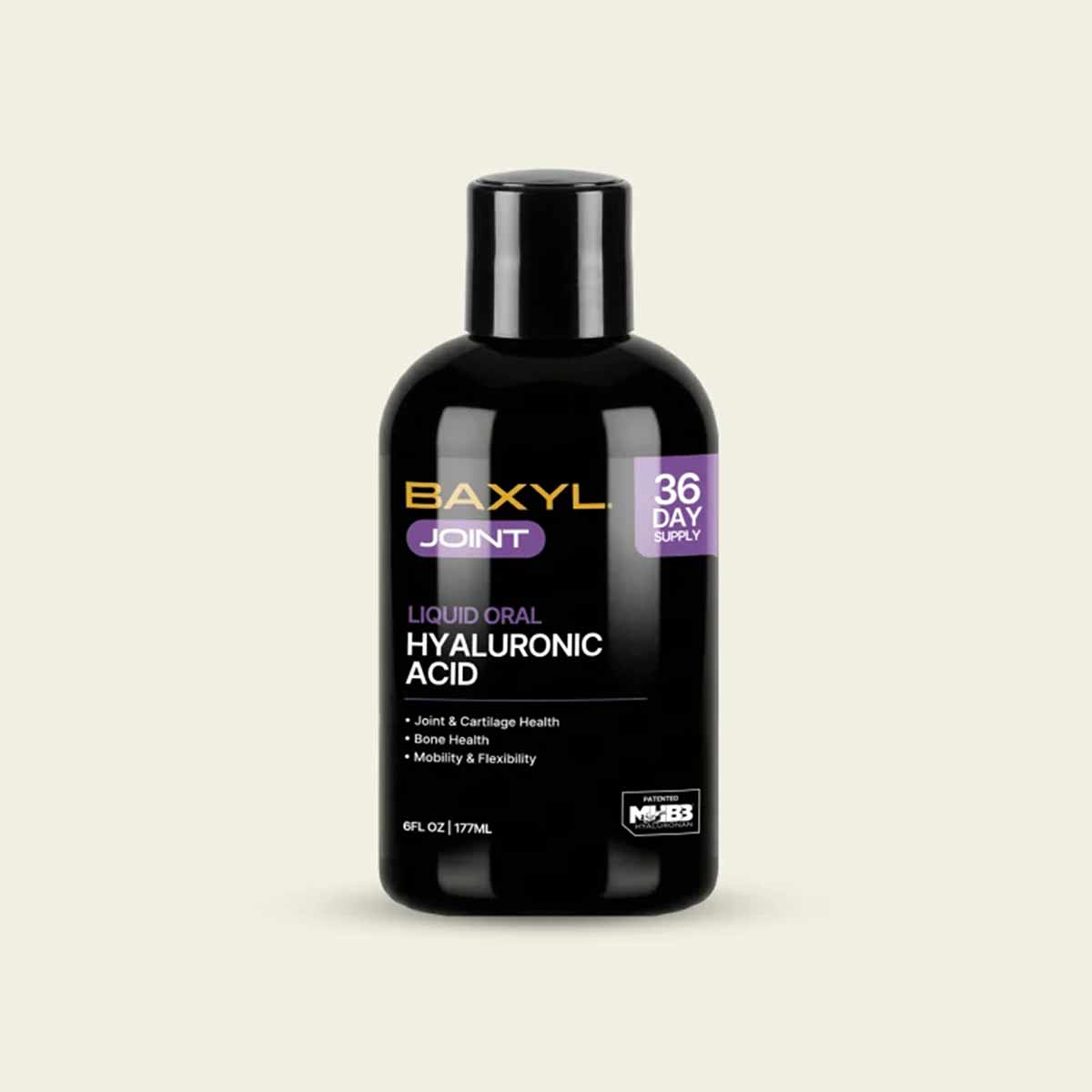 Black bottle of Baxyl Joint liquid oral hyaluronic acid supplement, 6 fl oz, with purple and gold labeling.
