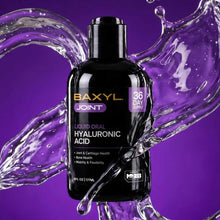 Black bottle of Baxyl liquid oral hyaluronic acid joint supplement with purple liquid splashing around it on purple backgroun