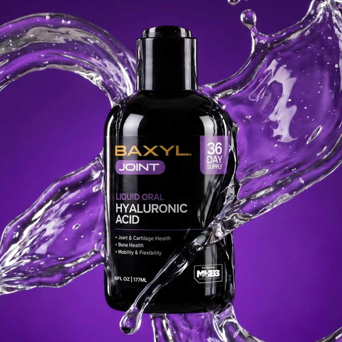 Black bottle of Baxyl liquid oral hyaluronic acid joint supplement with purple liquid splashing around it on purple backgroun