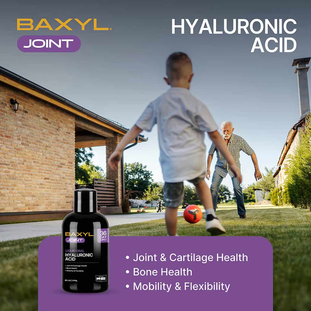 Baxyl Joint dark liquid supplement bottle with hyaluronic acid, 6 oz size, displayed with active lifestyle background.