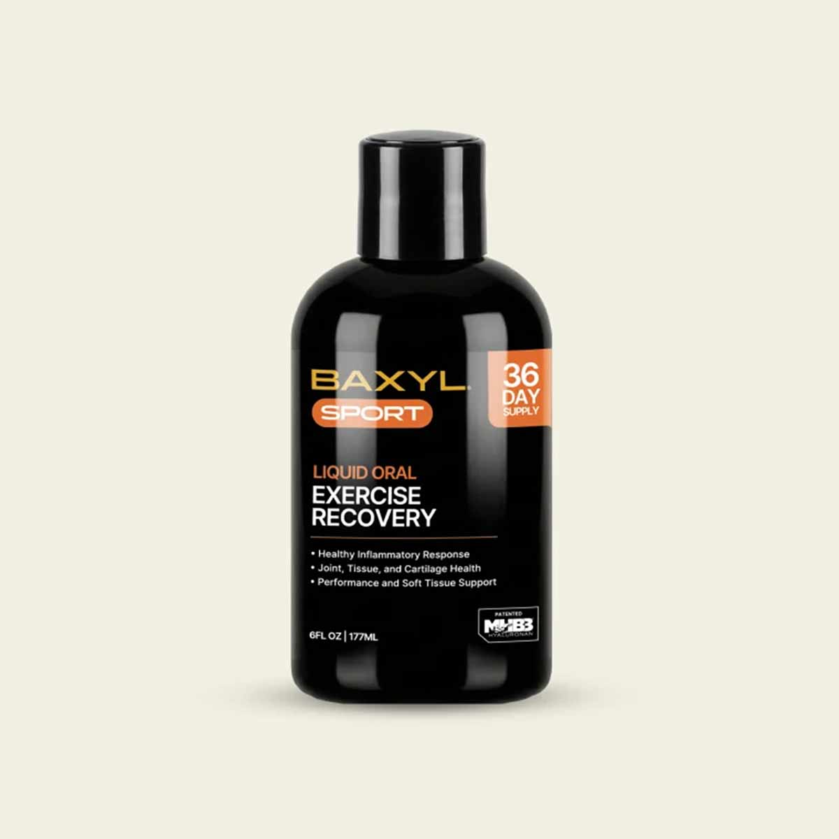 Black bottle of Baxyl Sport liquid oral exercise recovery supplement, 6 fluid ounces.