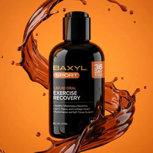 Black bottle of Baxyl Sport liquid oral exercise recovery supplement with brown liquid splashing around it on orange backgrou