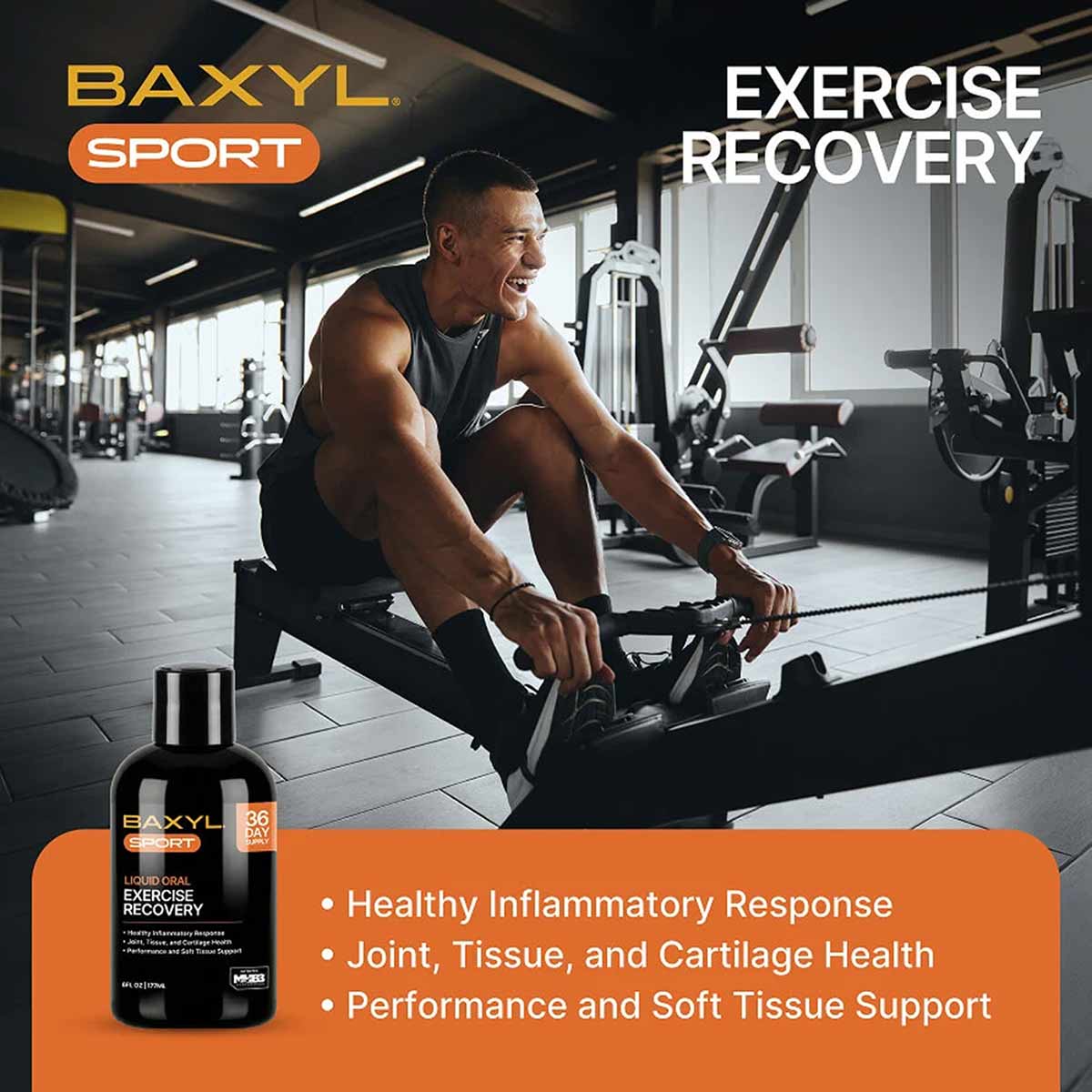 Baxyl Sport 6 oz dark liquid supplement bottle with orange and white label on gym background.
