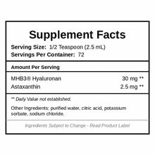 Supplement Facts label for Baxyl Sport showing serving size, ingredients including hyaluronic acid and astaxanthin, and other