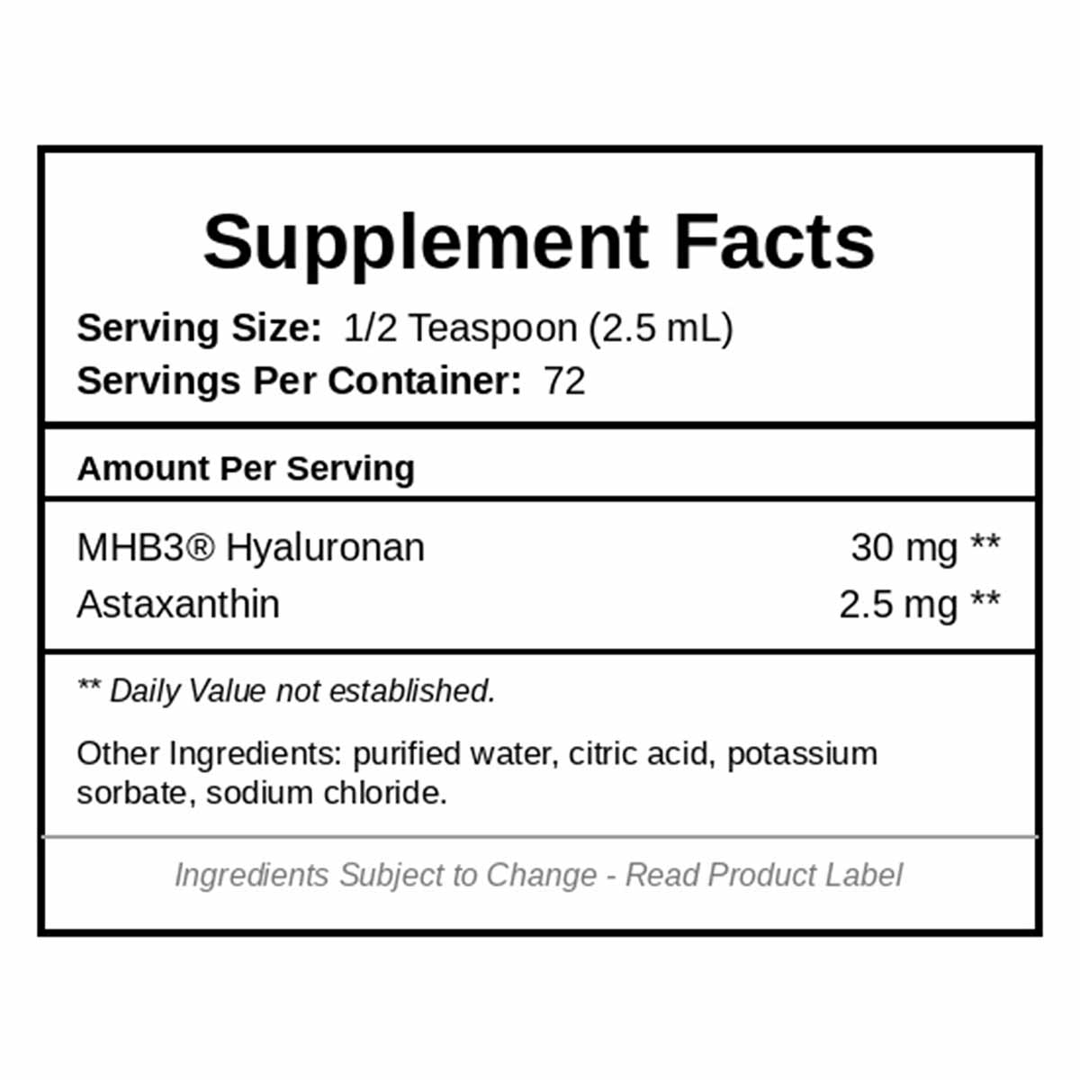 Supplement Facts label for Baxyl Sport showing serving size, ingredients including hyaluronic acid and astaxanthin, and other