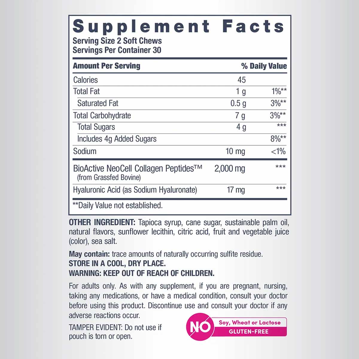 Supplement Facts label for NeoCell Collagen Beauty Bursts showing serving size, nutritional information, and ingredients incl