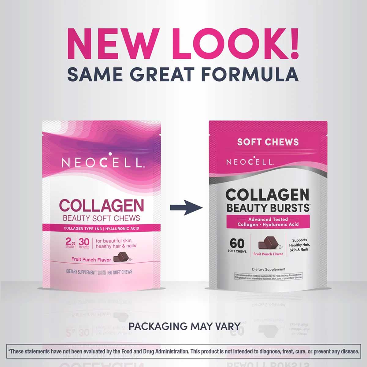 Two NeoCell Collagen Beauty Bursts soft chew packages shown side-by-side, old and new design, in pink and white packaging.