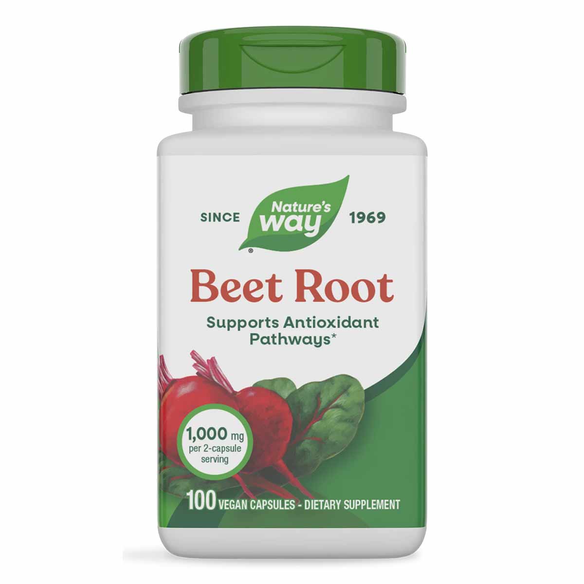 Nature's Way Beet Root supplement bottle with green cap, white label showing red beets and 100 vegan capsules.