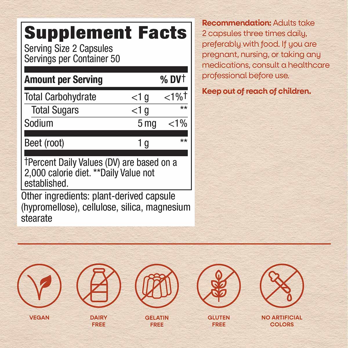 Beet root supplement facts label showing 2 capsules per serving with vegan, dairy-free, and gluten-free certifications.