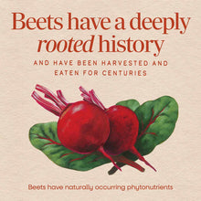 Illustrated red beets with green leaves and roots against beige background with text overlay.