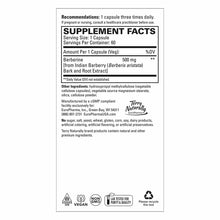 Supplement Facts label for Berberine 500 mg capsules by Terry Naturally showing dosage, ingredients, and certifications.