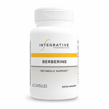 White bottle of Integrative Therapeutics Berberine dietary supplement with yellow stripe, containing 60 capsules.