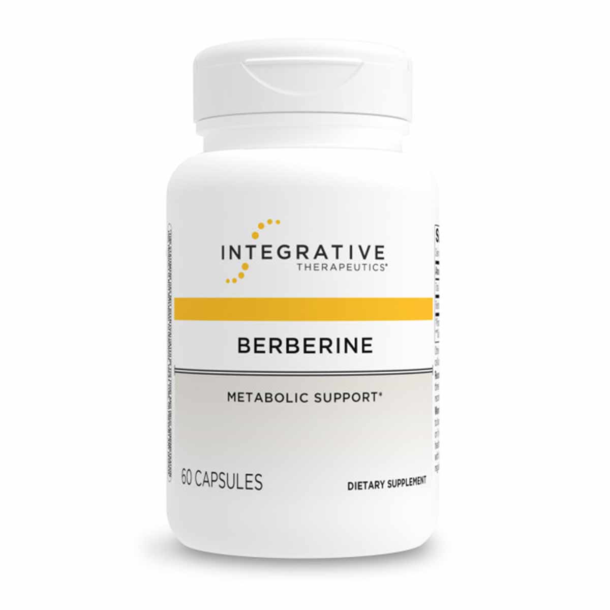 White bottle of Integrative Therapeutics Berberine dietary supplement with yellow stripe, containing 60 capsules.