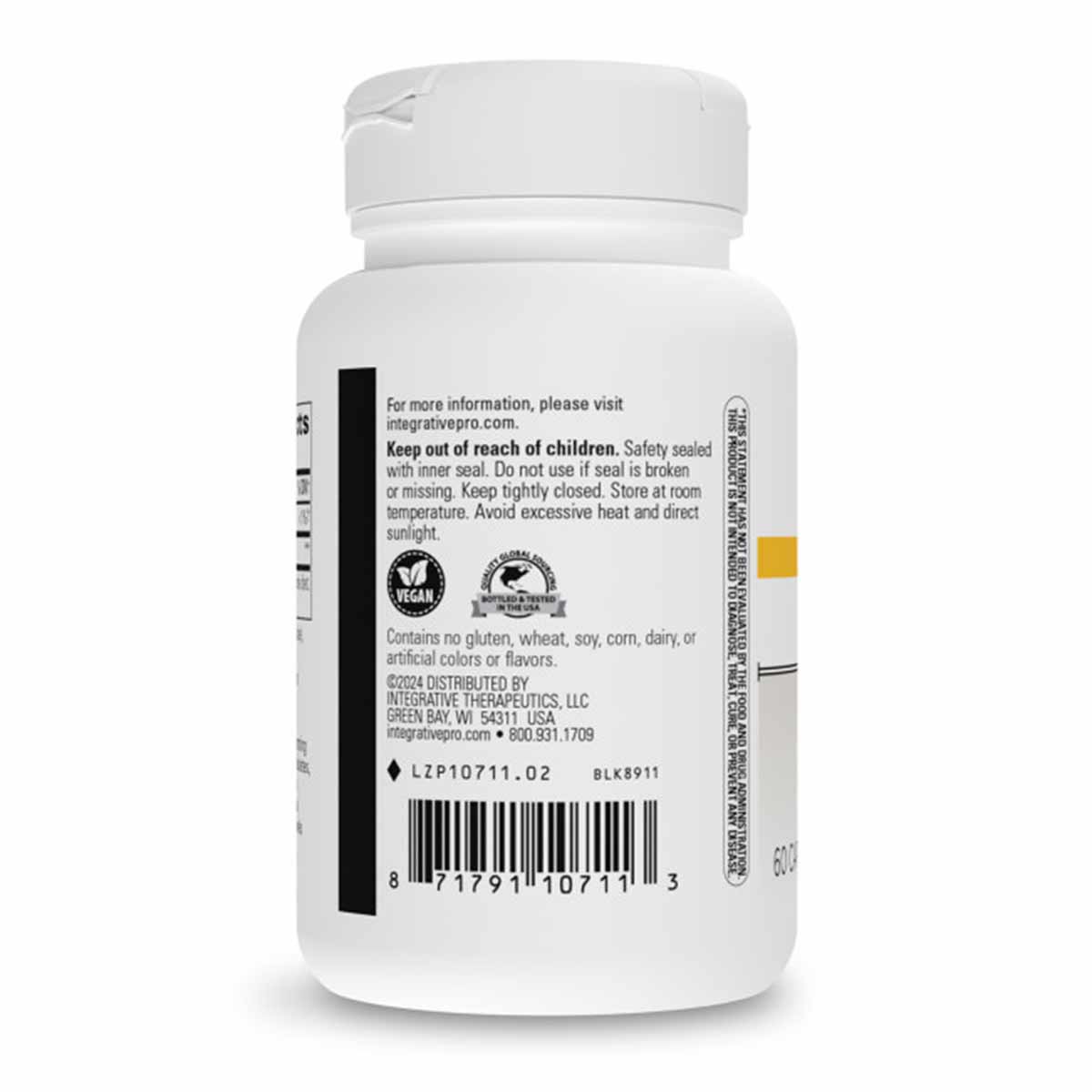 White supplement bottle with white cap labeled Berberine by Integrative Therapeutics, 60 capsules, with product information a