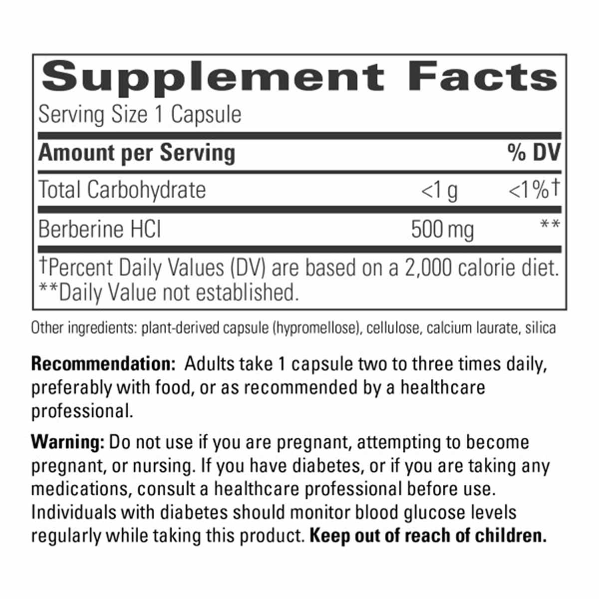 Supplement Facts label for Berberine HCI 500 mg capsules showing serving size, ingredients, and usage recommendations.