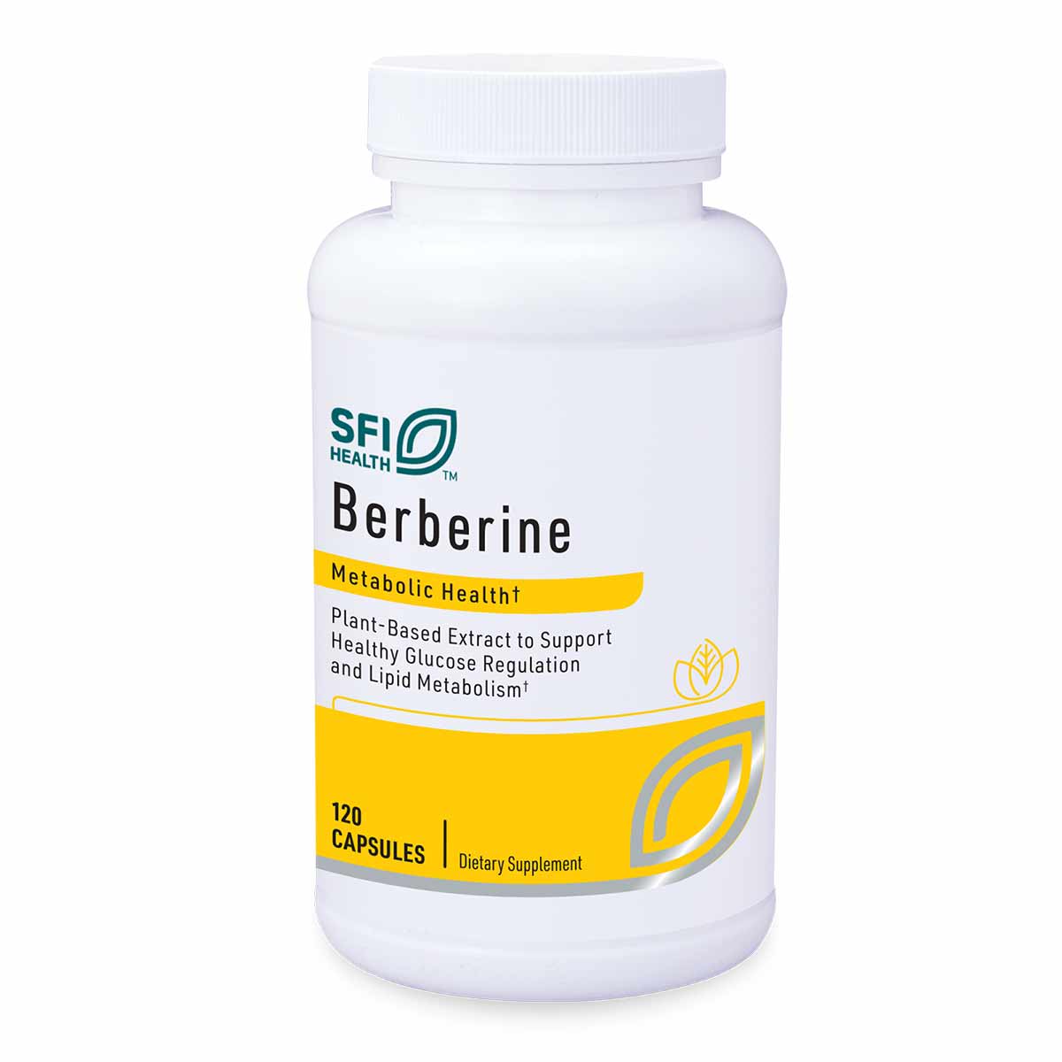 White bottle of SFI Health Berberine dietary supplement containing 120 capsules with yellow and teal label design.