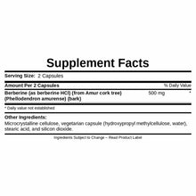 Supplement Facts label for Berberine 500mg capsules showing serving size, ingredients, and daily value information.