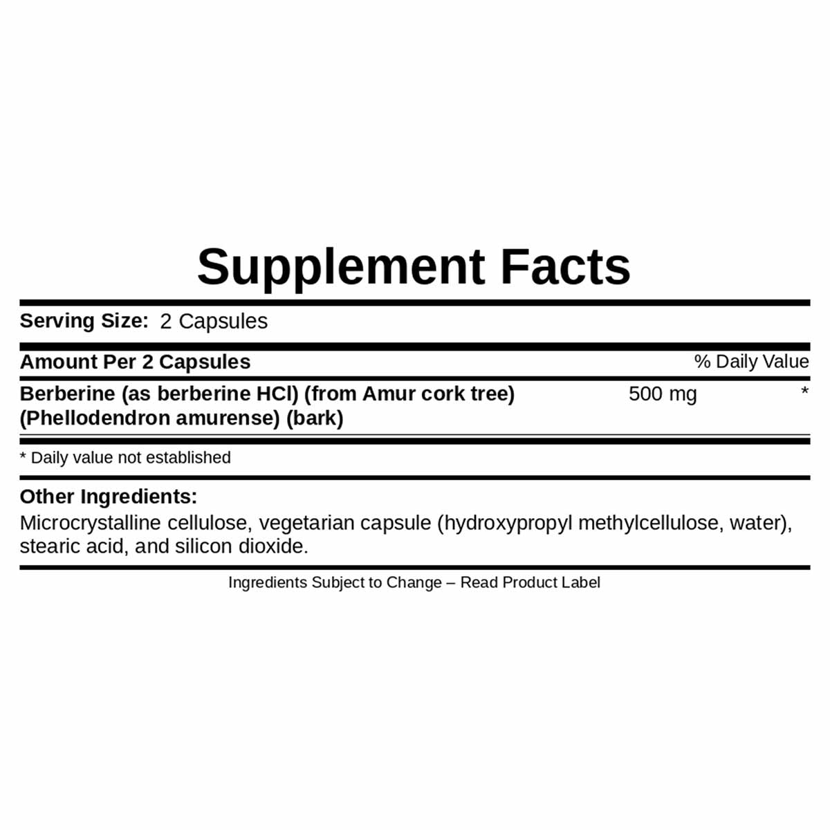 Supplement Facts label for Berberine 500mg capsules showing serving size, ingredients, and daily value information.