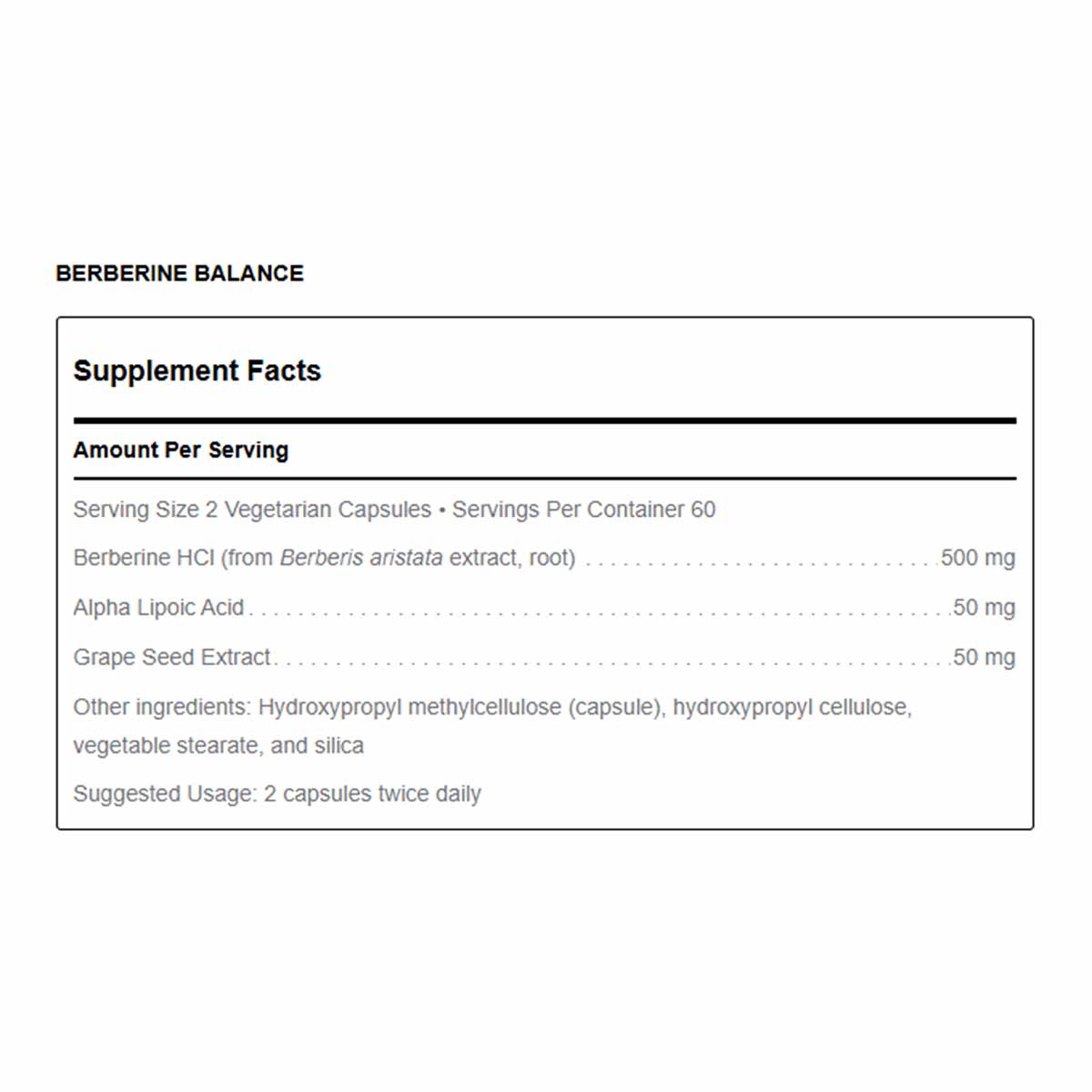 Supplement Facts label for Berberine Balance showing serving size of 2 vegetarian capsules, 60 servings per container, with i