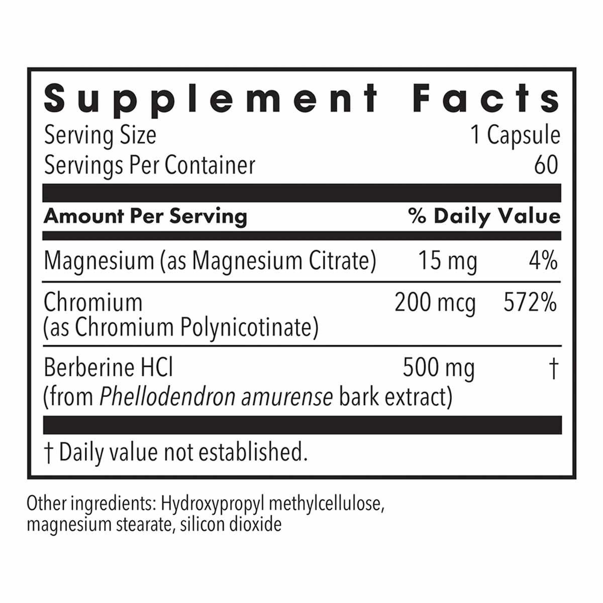 Supplement Facts label showing serving size of 1 capsule with 60 servings per container, listing magnesium, chromium, and ber