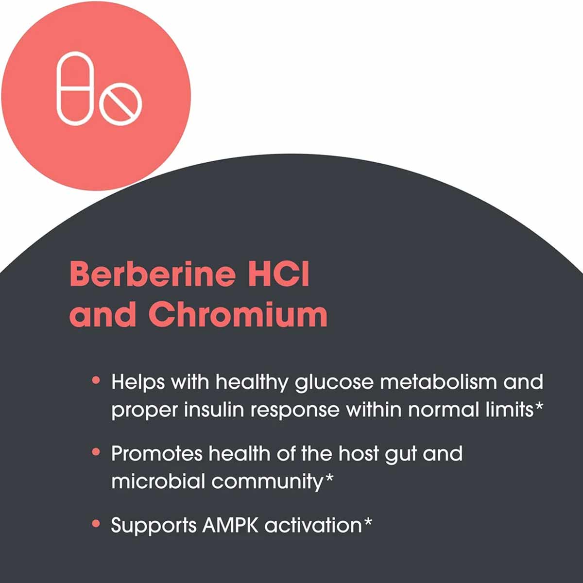 Bottle label displaying "Berberine HCl and Chromium" with benefit text and capsule icon on dark background.