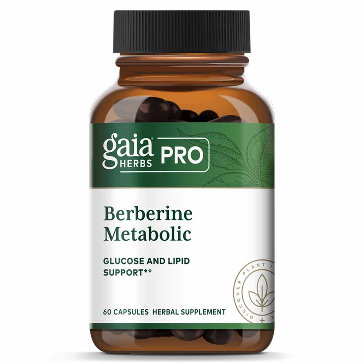 Gaia Herbs Pro Berberine Metabolic supplement bottle with 60 dark capsules, green and white label.