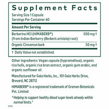 Supplement Facts label showing Berberine HCl 500mg and Organic Cinnamon bark 50mg per capsule, 60 servings per container.