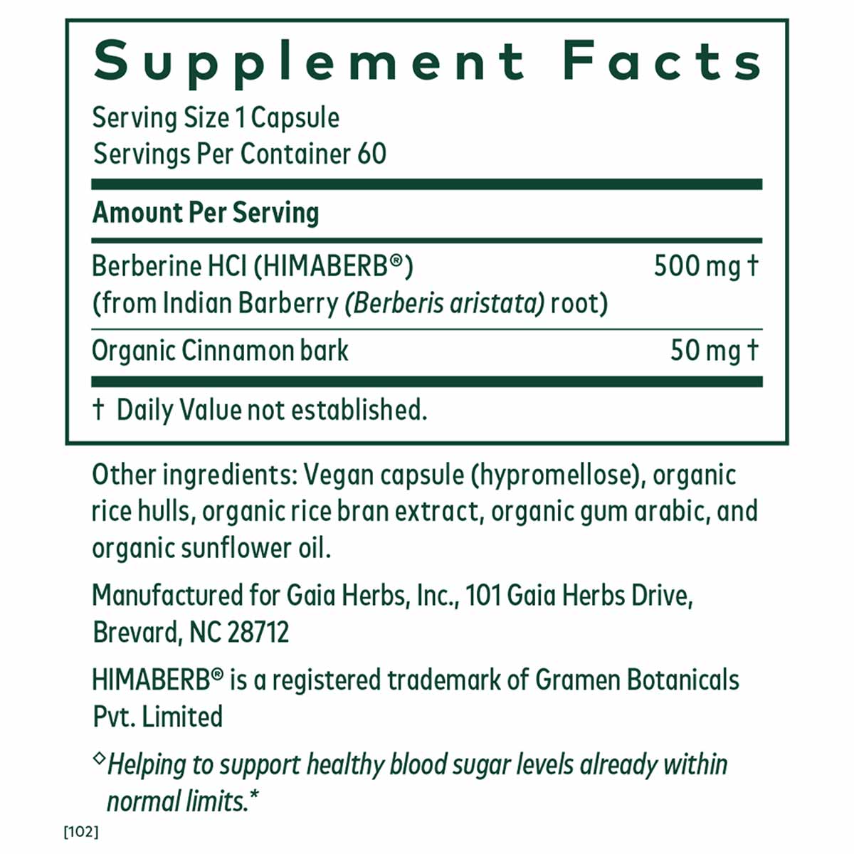 Supplement Facts label showing Berberine HCl 500mg and Organic Cinnamon bark 50mg per capsule, 60 servings per container.