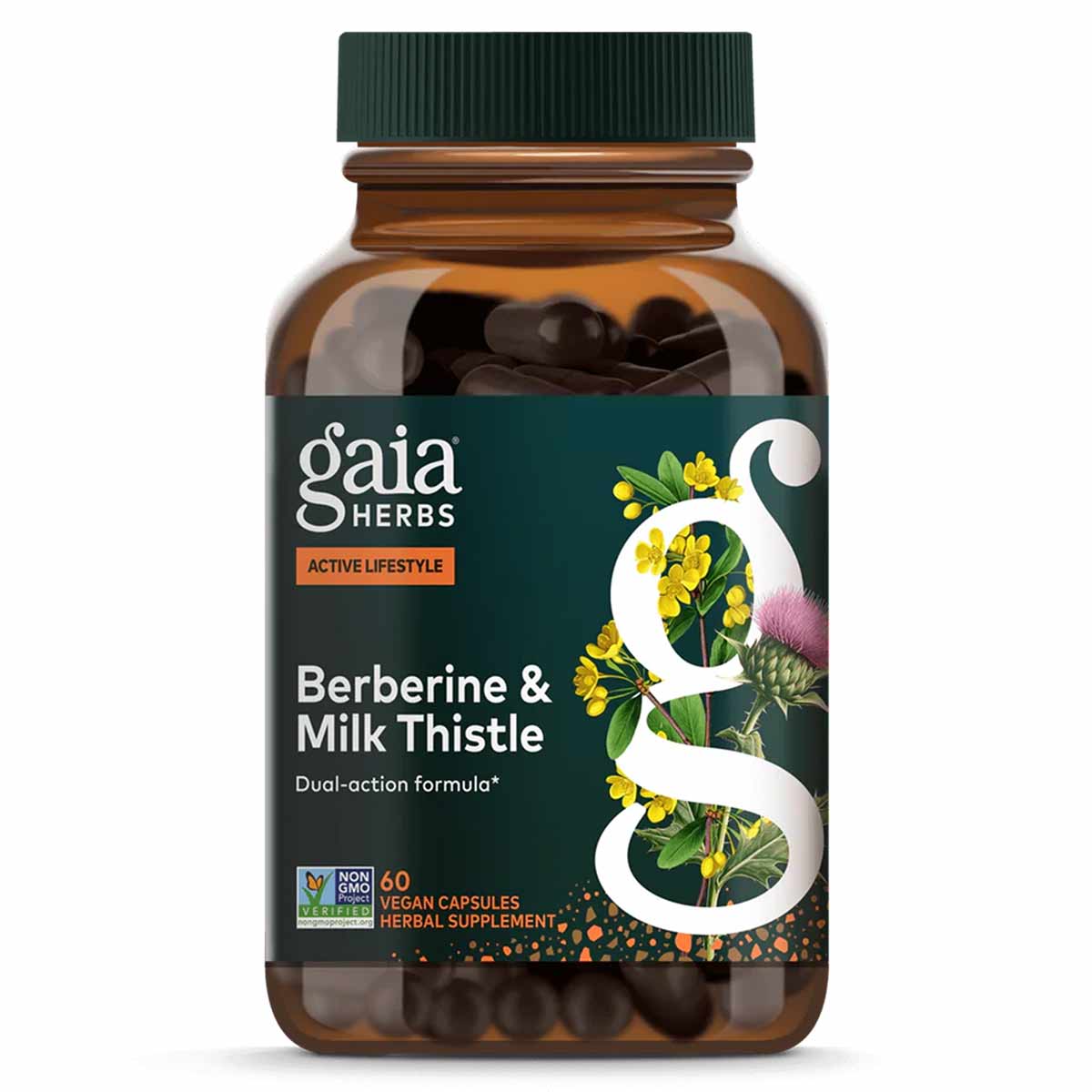 Amber glass bottle with green cap containing 60 dark vegan capsules of Berberine & Milk Thistle herbal supplement by Gaia Her