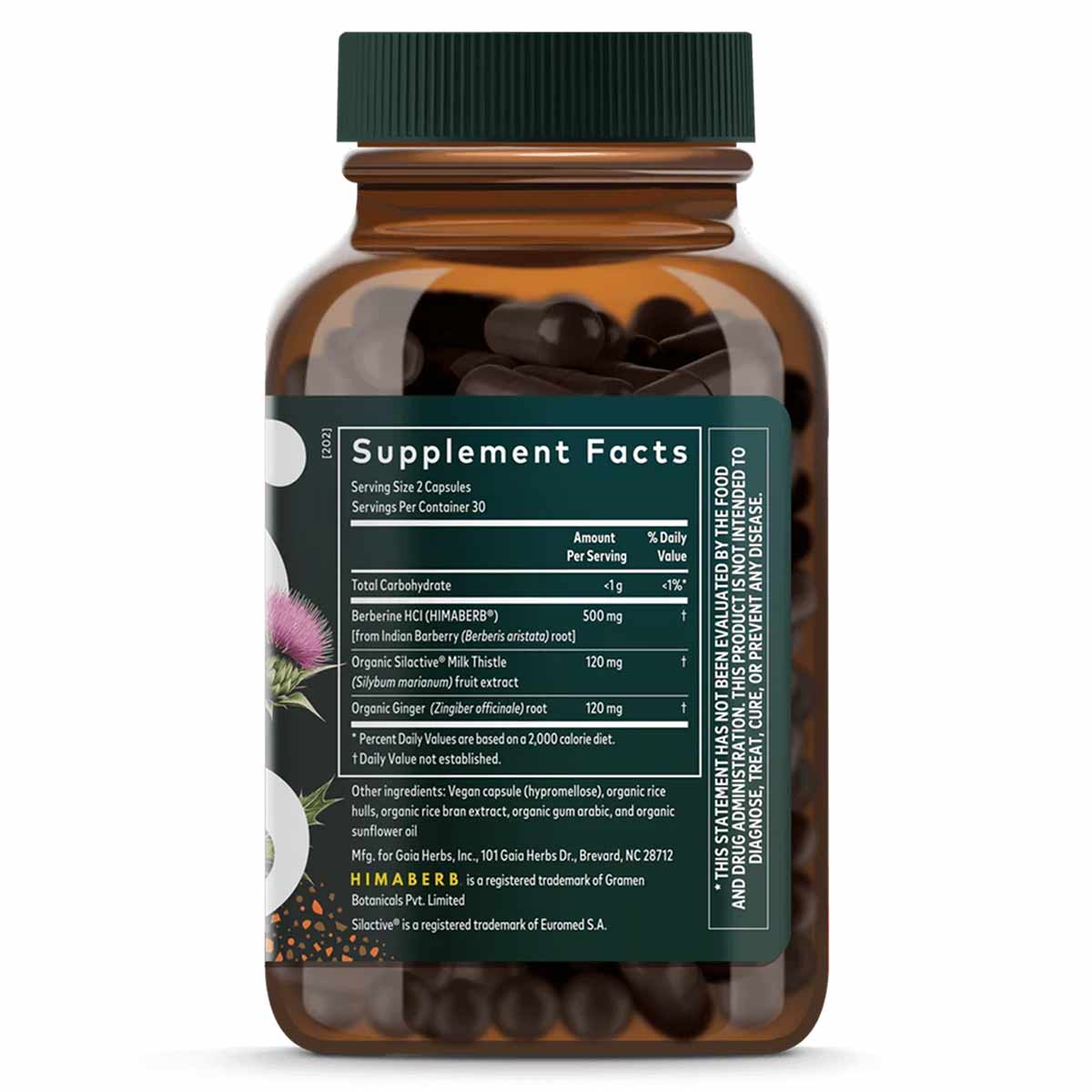Brown glass bottle with green cap containing dark capsules and Supplement Facts label for Berberine & Milk Thistle.