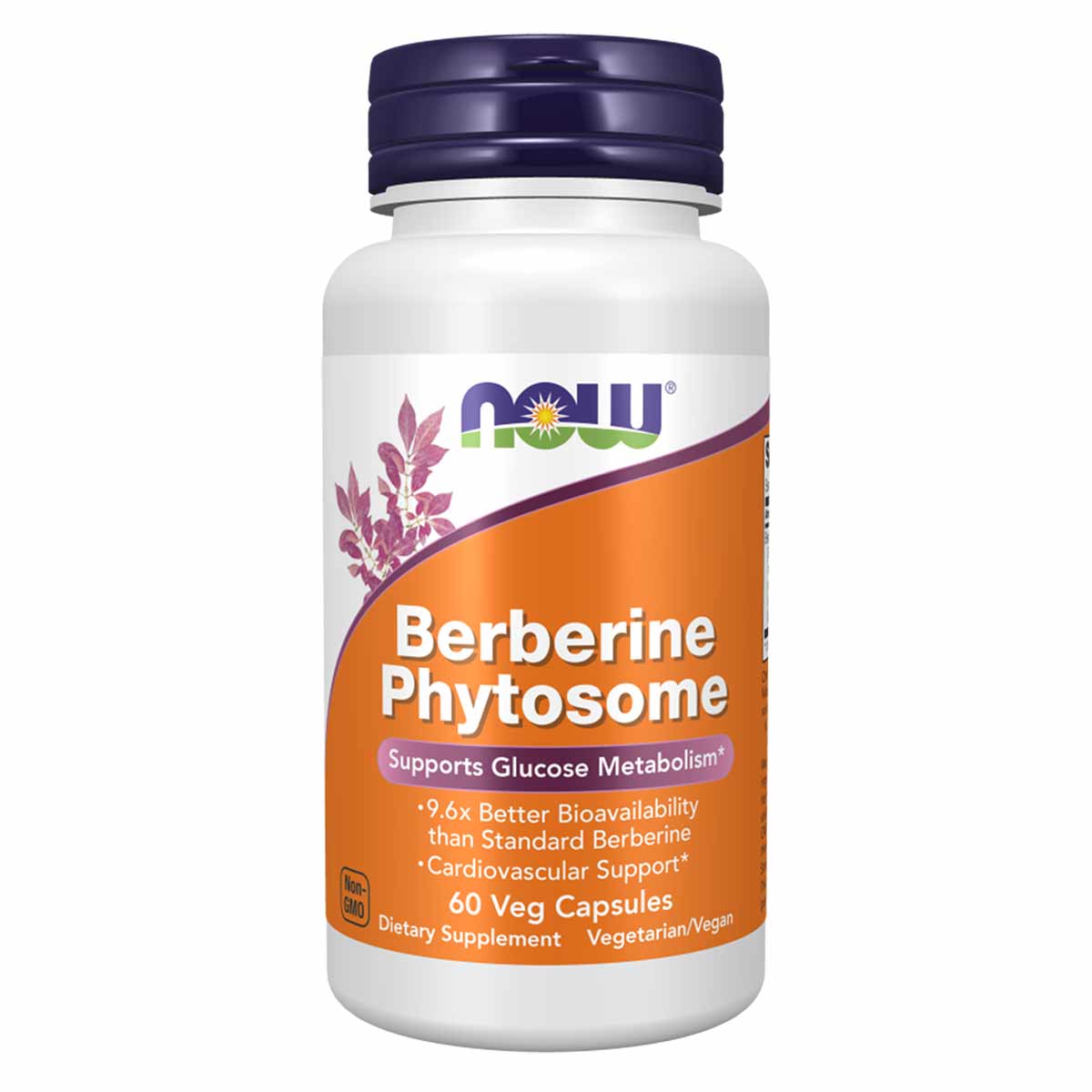 Bottle of NOW Foods Berberine Phytosome supplement with dark blue cap, white and orange label, 60 vegetarian capsules.