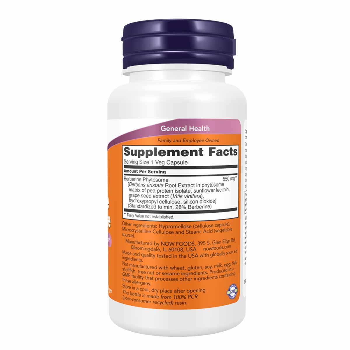 White bottle with dark blue cap containing Berberine Phytosome supplement by NOW Foods, labeled with General Health category 