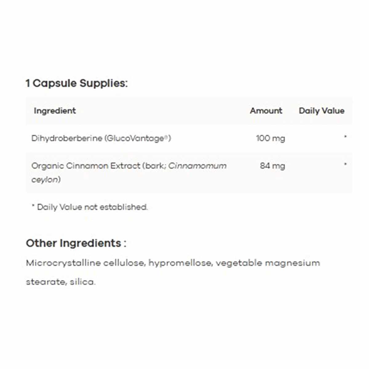 Supplement facts label showing ingredients per capsule including dihydroberberine, cinnamon extract, and other capsule ingred