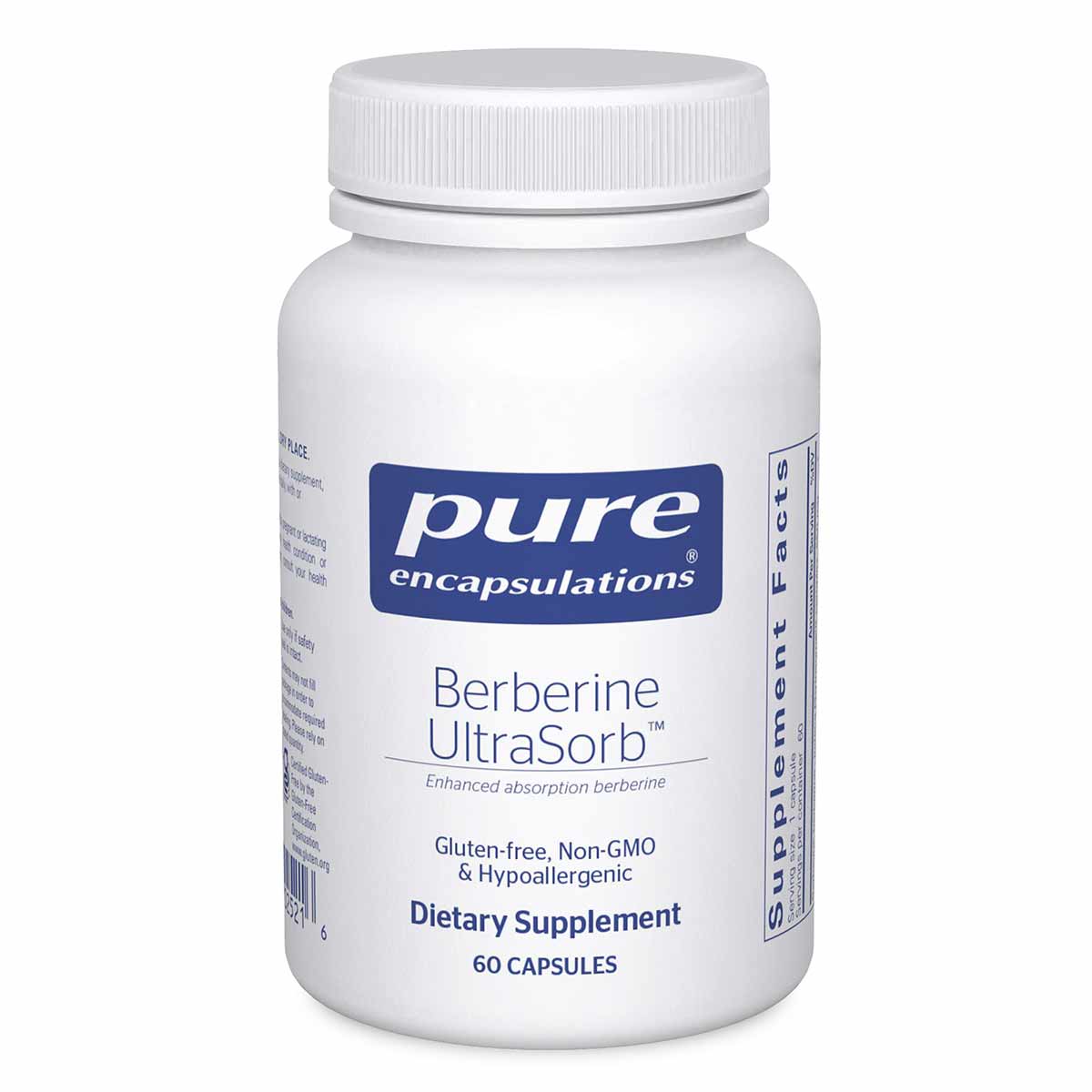 White bottle of Pure Encapsulations Berberine UltraSorb dietary supplement containing 60 capsules.