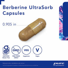 Brown capsule labeled Berberine UltraSorb, 0.905 inches, gluten-free and vegan certified.