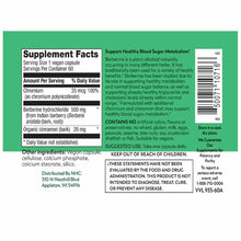 Supplement bottle label for berberine with chromium capsules showing ingredients, dosage, and product information.