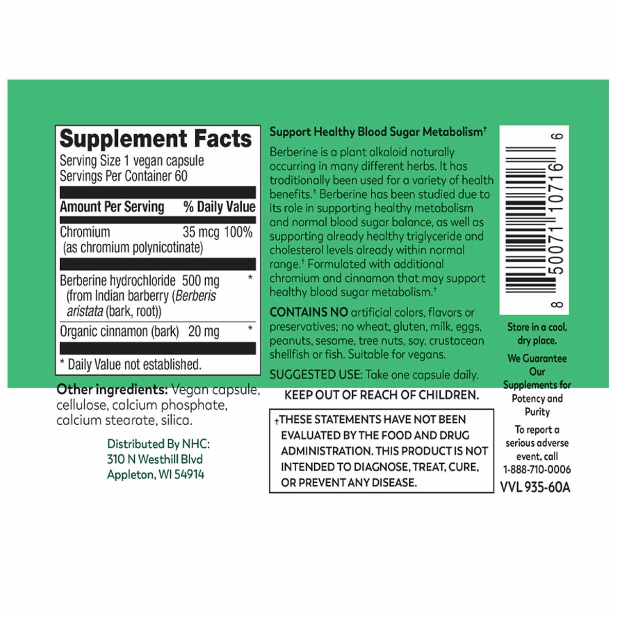 Supplement bottle label for berberine with chromium capsules showing ingredients, dosage, and product information.