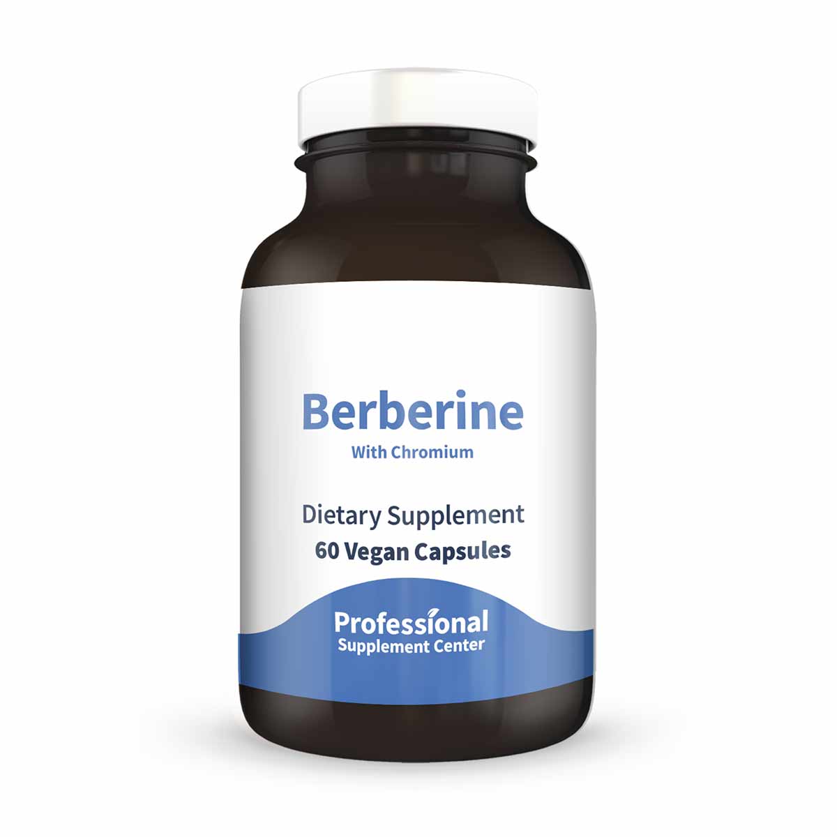Dark glass bottle with white and blue label reading "Berberine With Chromium, Dietary Supplement, 60 Vegan Capsules" by Profe