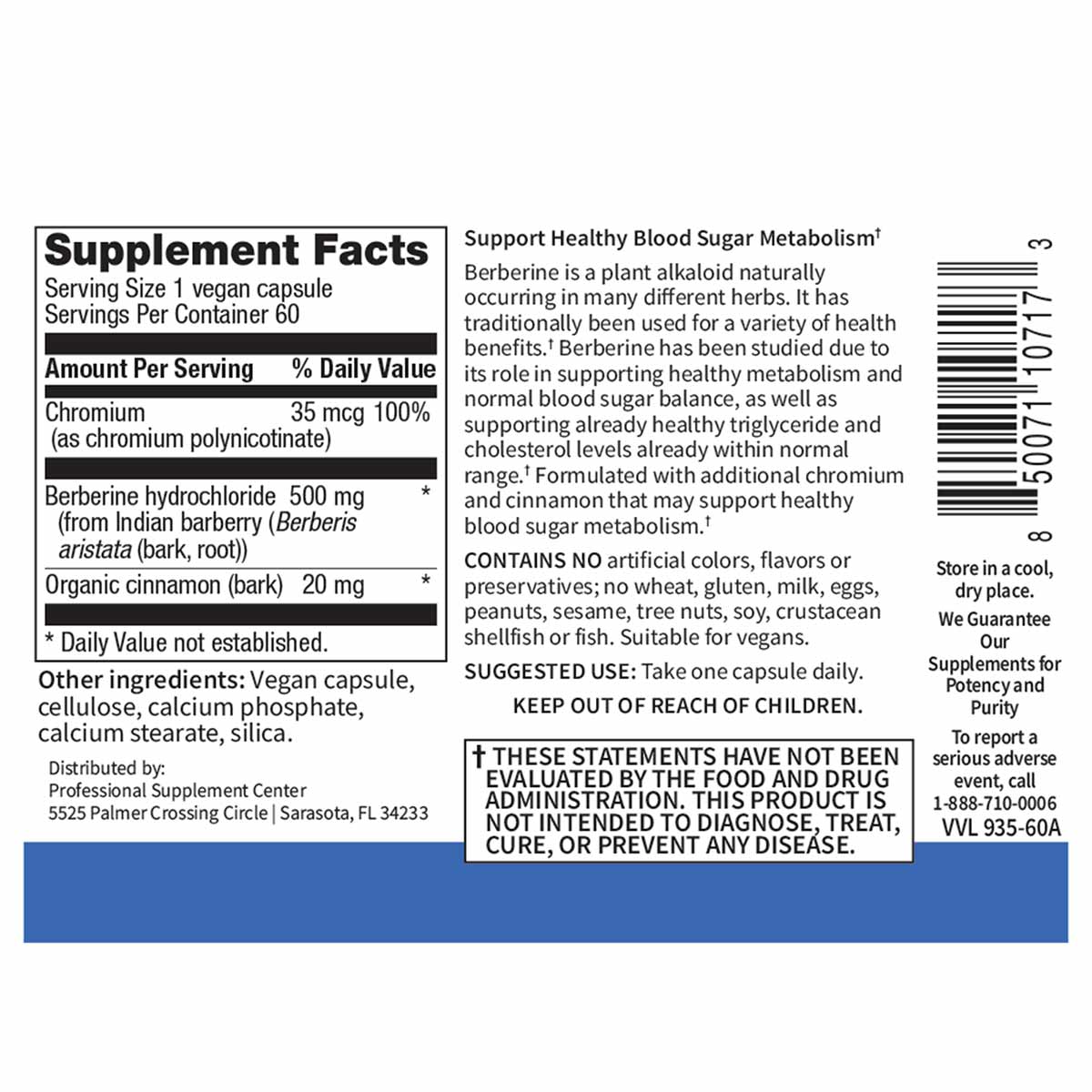 Supplement label for berberine with chromium vegan capsules showing nutrition facts, ingredients, and usage information.