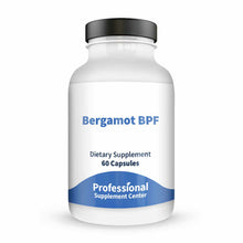 White supplement bottle with black cap labeled "Bergamot BPF, Dietary Supplement, 60 Capsules" by Professional Supplement Cen