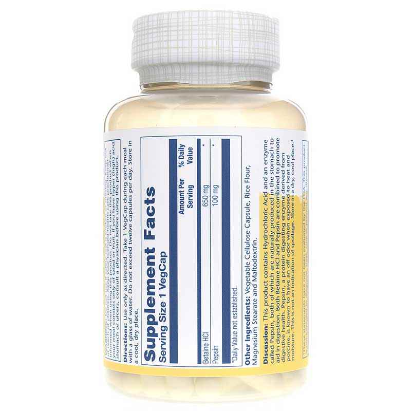 Betaine HCL 650 Mg with Pepsin, 100 Veg Capsules, by Solaray, image #3