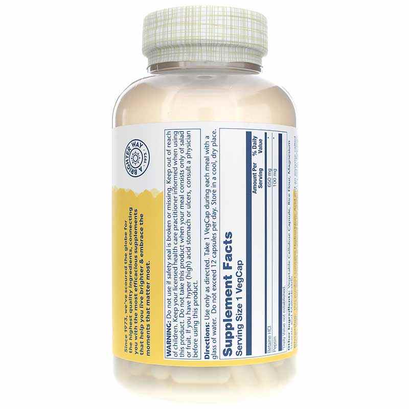 Betaine HCL 650 Mg with Pepsin, 250 Veg Capsules, by Solaray, image #2
