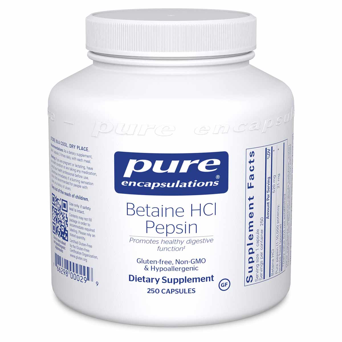 White bottle of Pure Encapsulations Betaine HCl Pepsin dietary supplement containing 250 capsules with white screw-top cap.
