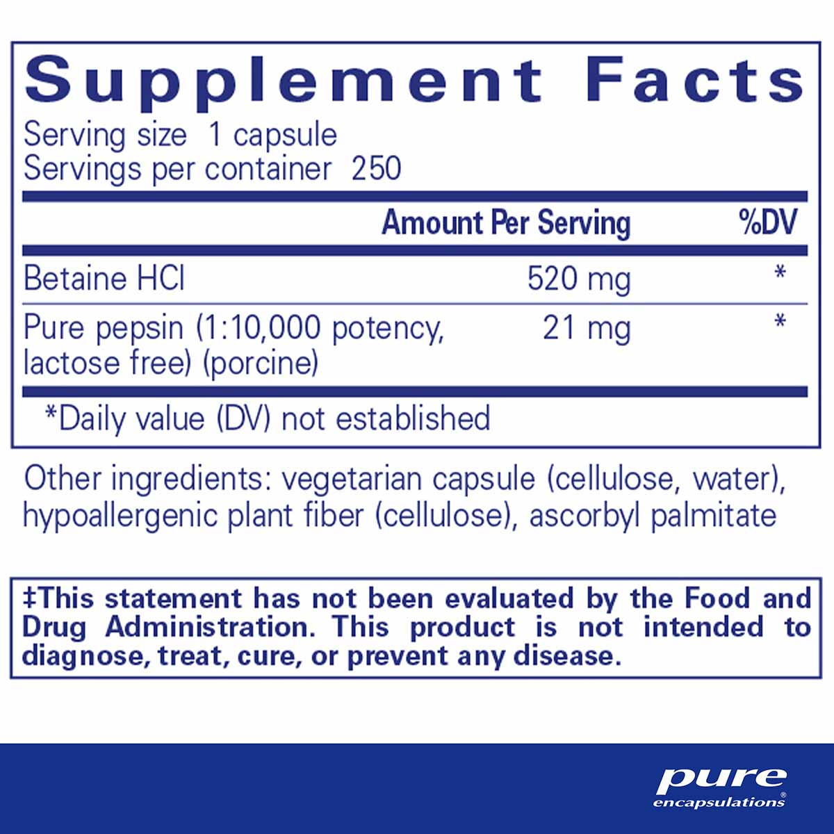 Supplement Facts label for Betaine HCl 520 mg with pure pepsin, 250 capsules per container.