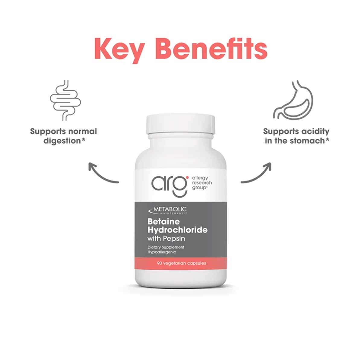 Betaine Hydrochloride with Pepsin, 90 Capsules, by Allergy Research Group