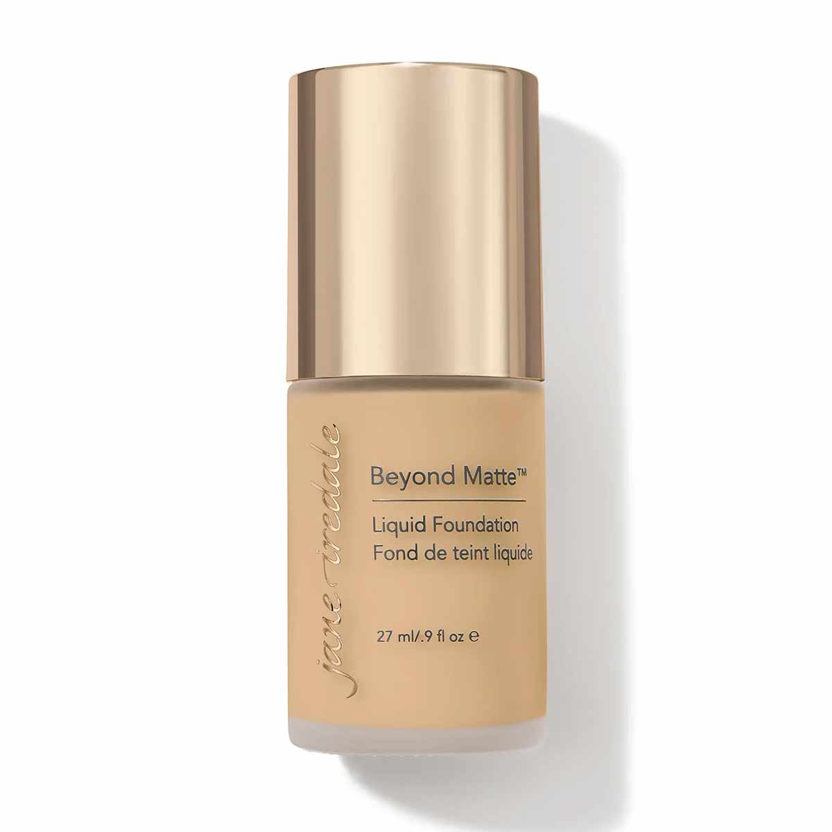 Beyond Matte Liquid Foundation bottle with champagne-colored cap and beige foundation visible through clear lower section.